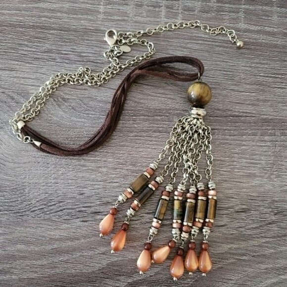 Chico’s Brown Tiger’s Eye Tassel Necklace – Statement Beaded Pendant Jewelry - Picture 3 of 4